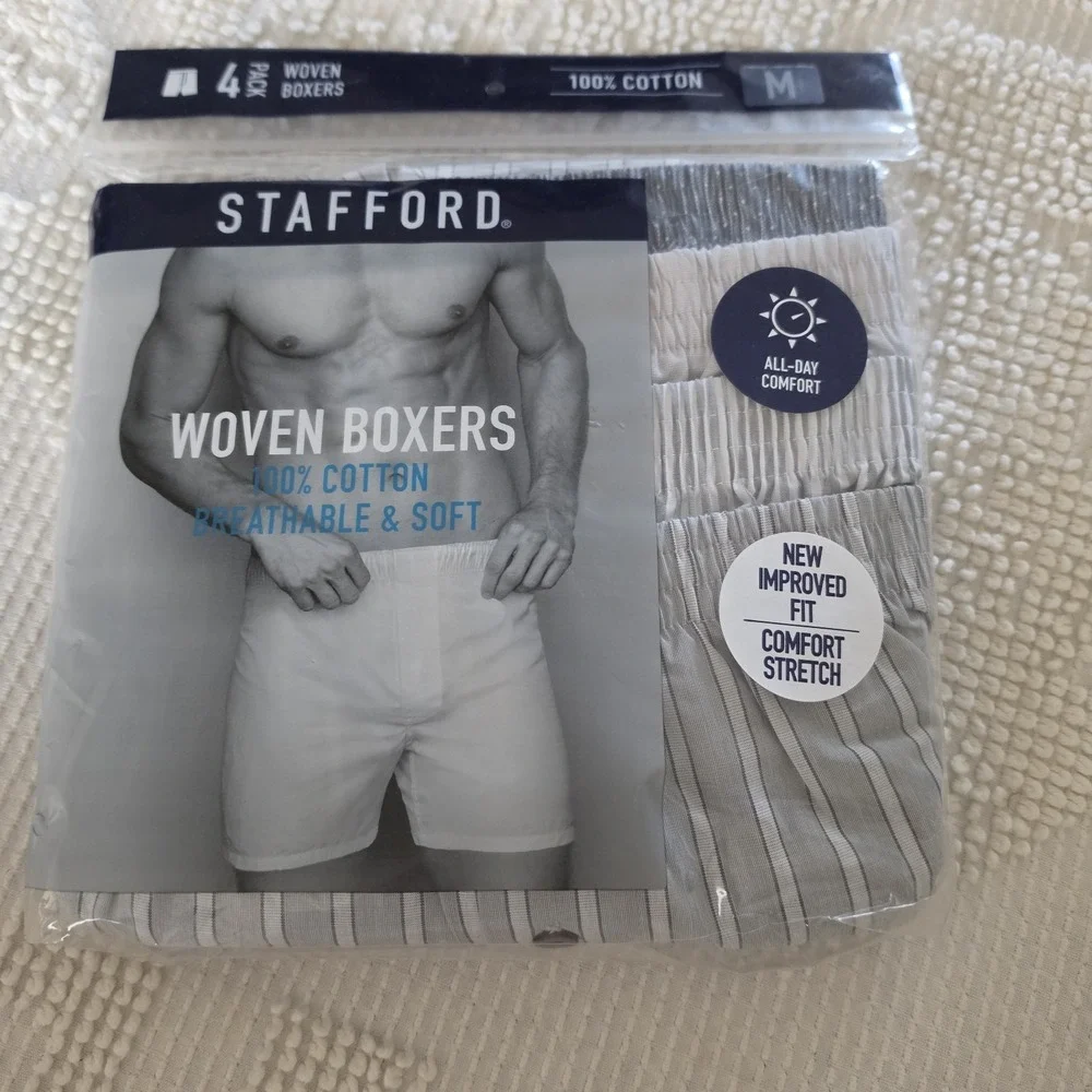 Stafford 4-Pack Men's 100% Cotton Woven Boxers Gray Assorted Medium